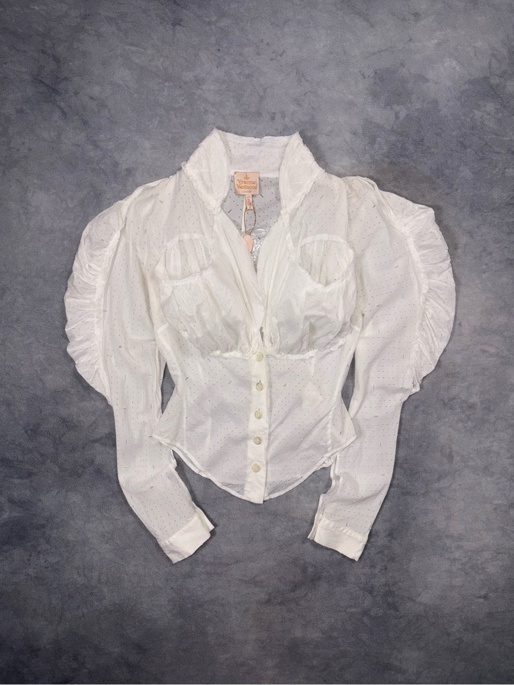 Vintage Vivienne Westwood 2000s Corset Ruched Puff Sleeve Distressed Slim Blouse
